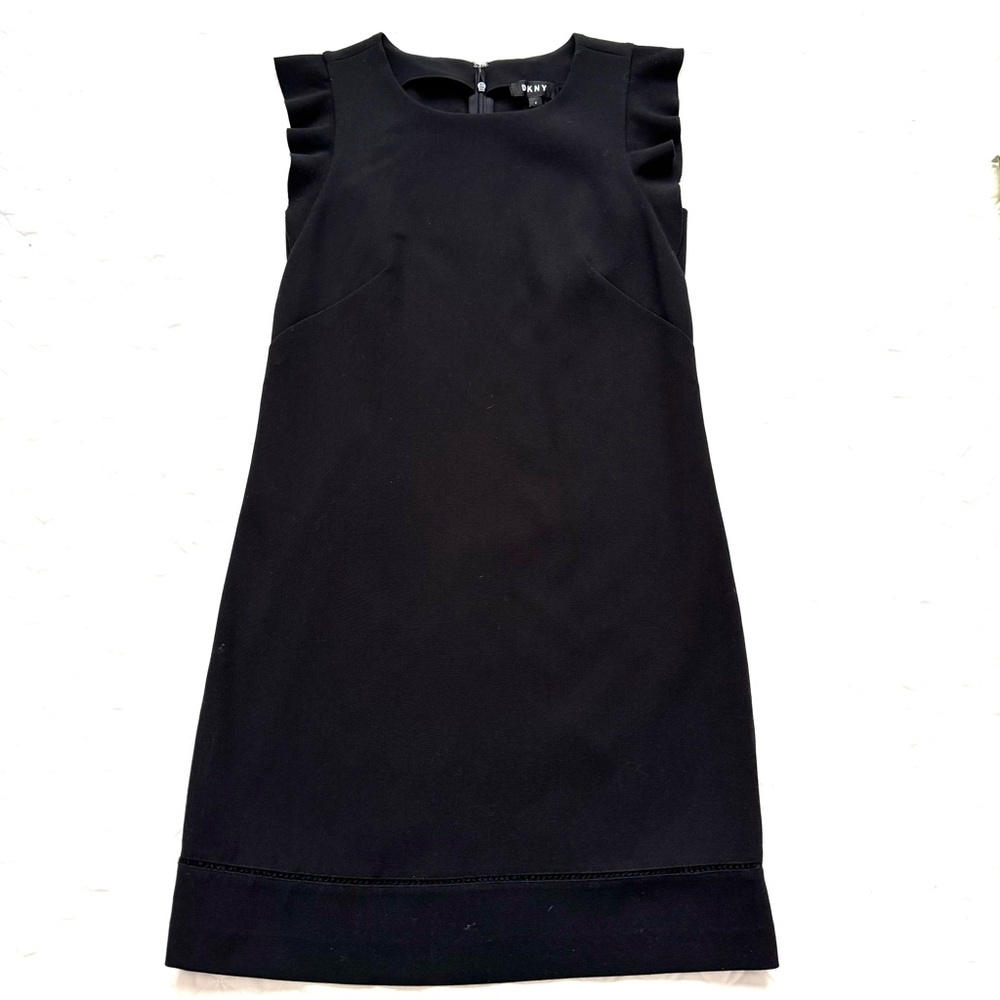 DKNY Midi Ruffle Cap Sleeve Crewneck Zipper Back Sheath Dress Black Size 4